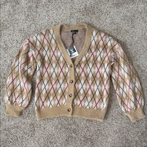 Very J Pastel Pink and Beige Argyle Cardigan NWT Size Small